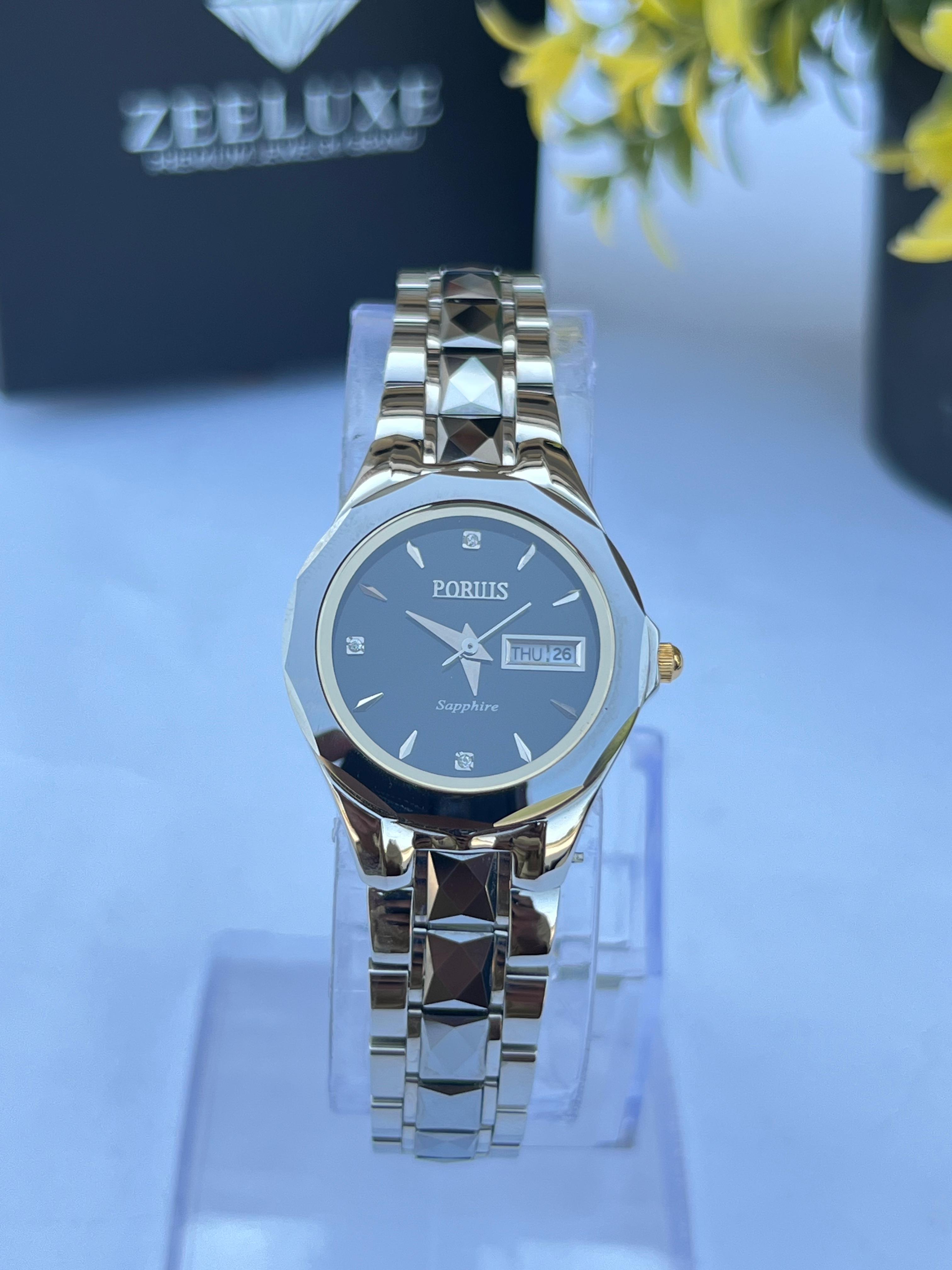 PORUIS BLACK DIAL SILVER STONE & STAINLESS STEEL WATCH