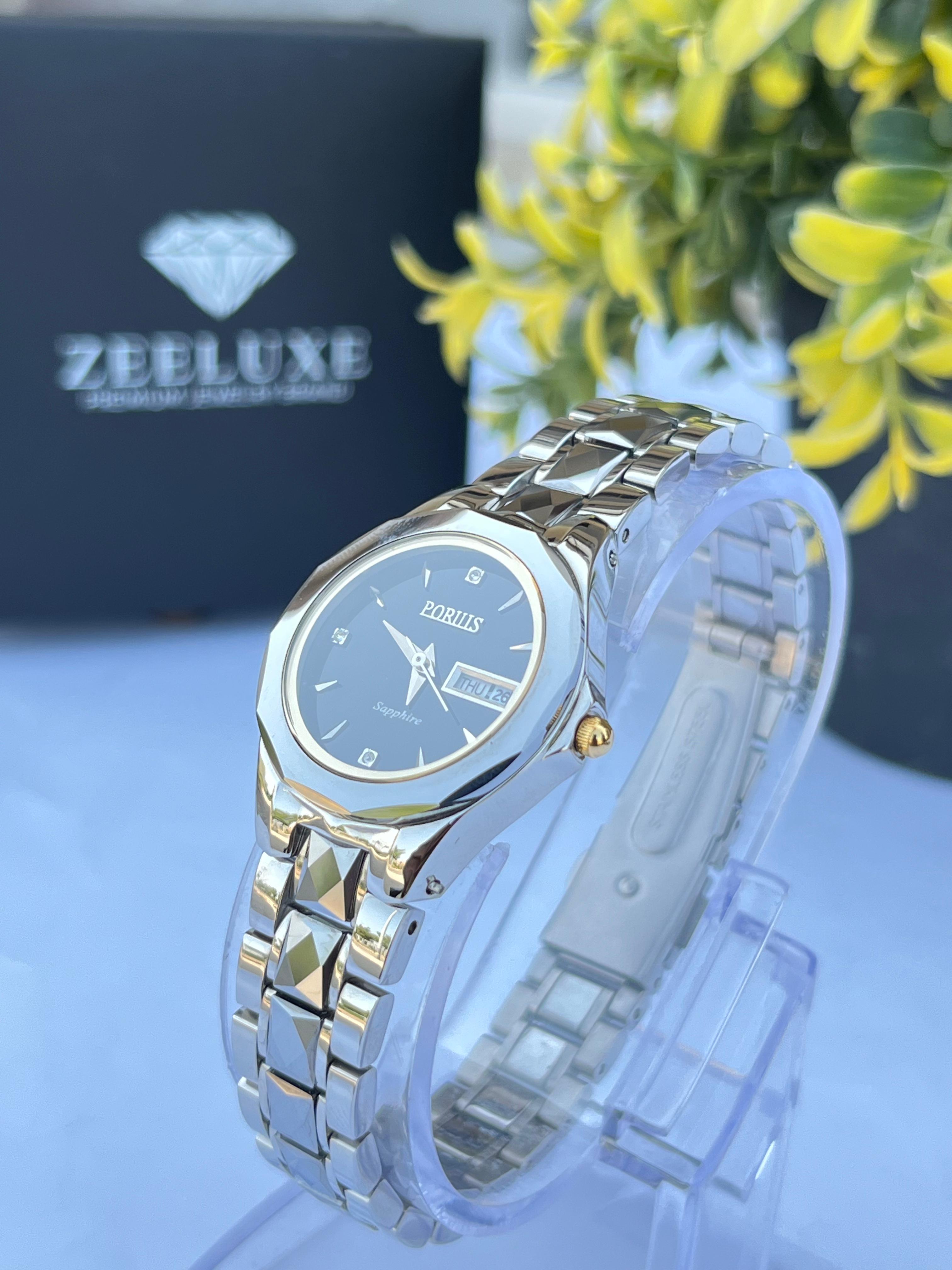 WOMEN'S PORUIS BLACKDIAL SILVER STONE & STAINLESS STEEL WATCH