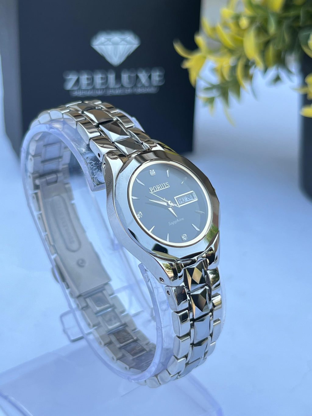 WOMEN'S PORUIS BLACKDIAL SILVER STONE & STAINLESS STEEL WATCH